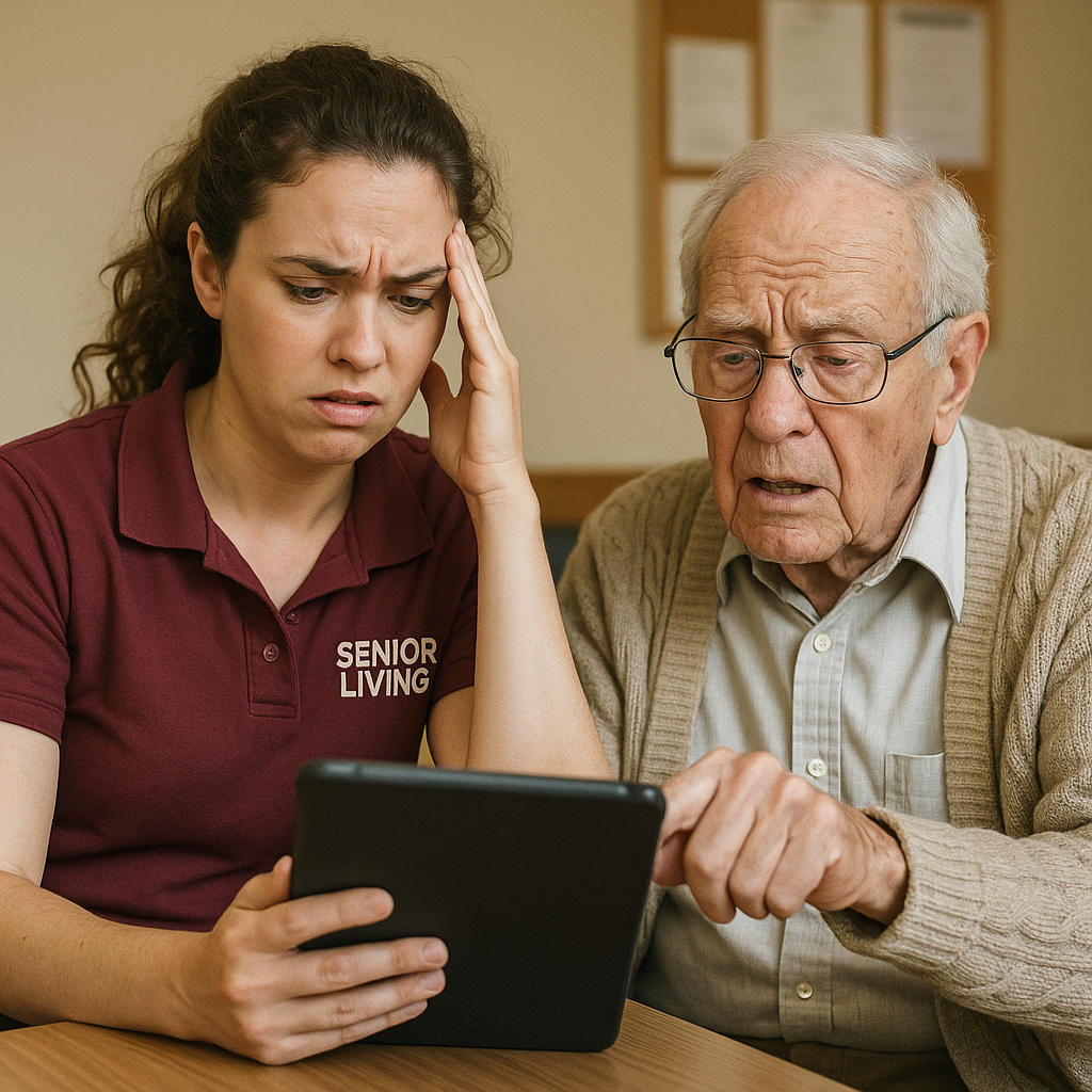 A staff frustrated with phone tech support